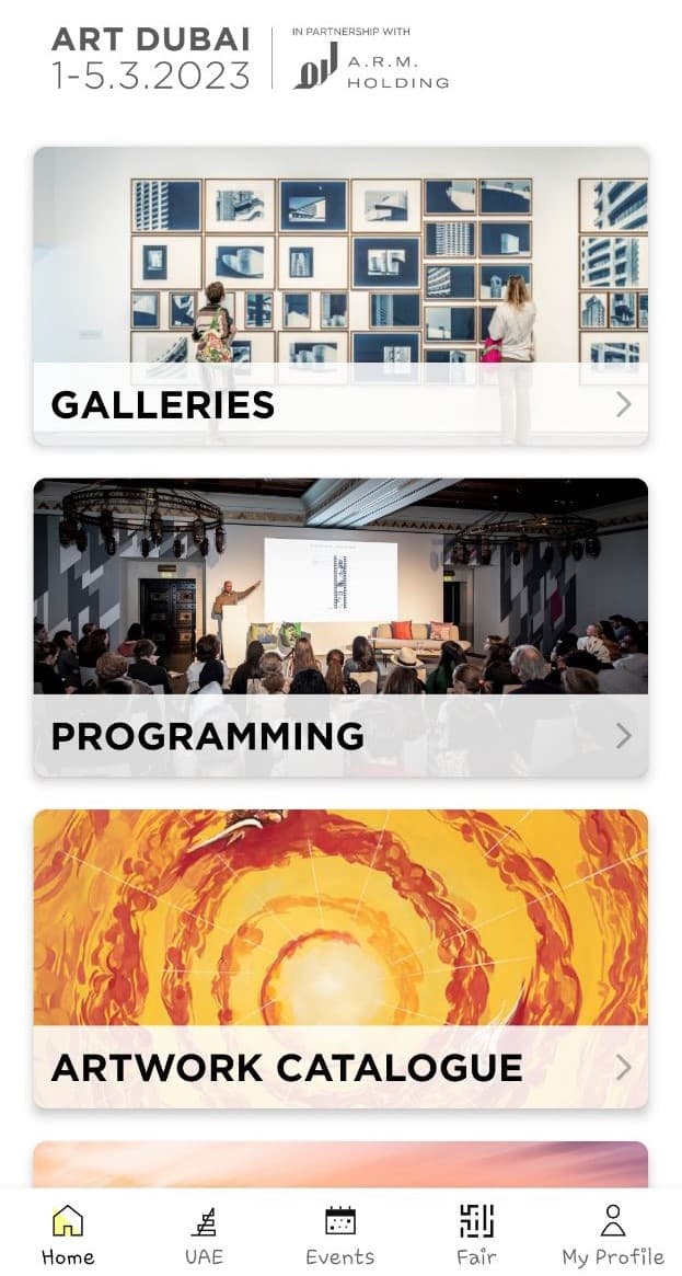 Art Dubai app home screen linking to galleries, programming and the artwork catalogue