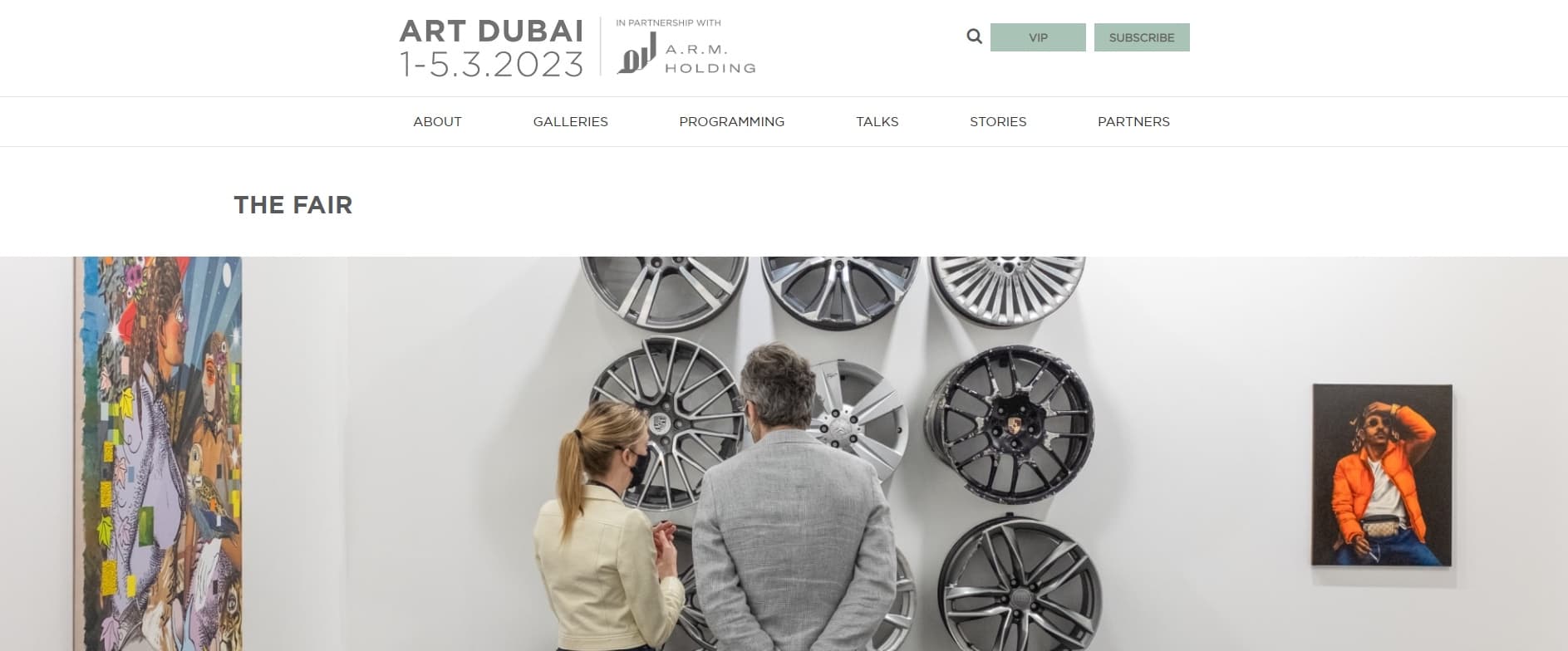 Art Dubai website showing The Fair page with visitors viewing an installation