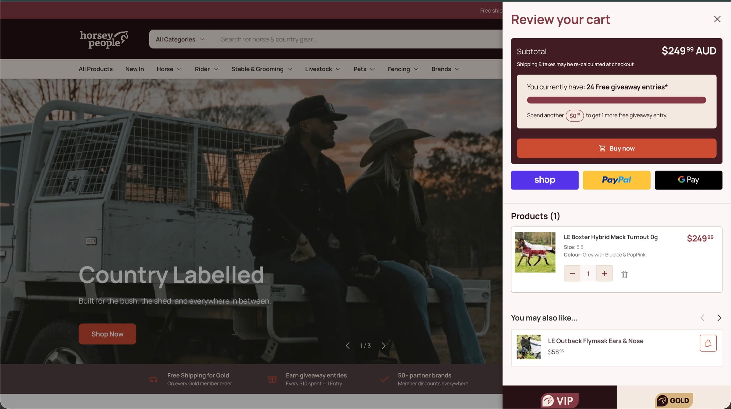 Horsey People cart drawer showing the customer's free giveaway entries and progress to the next entry