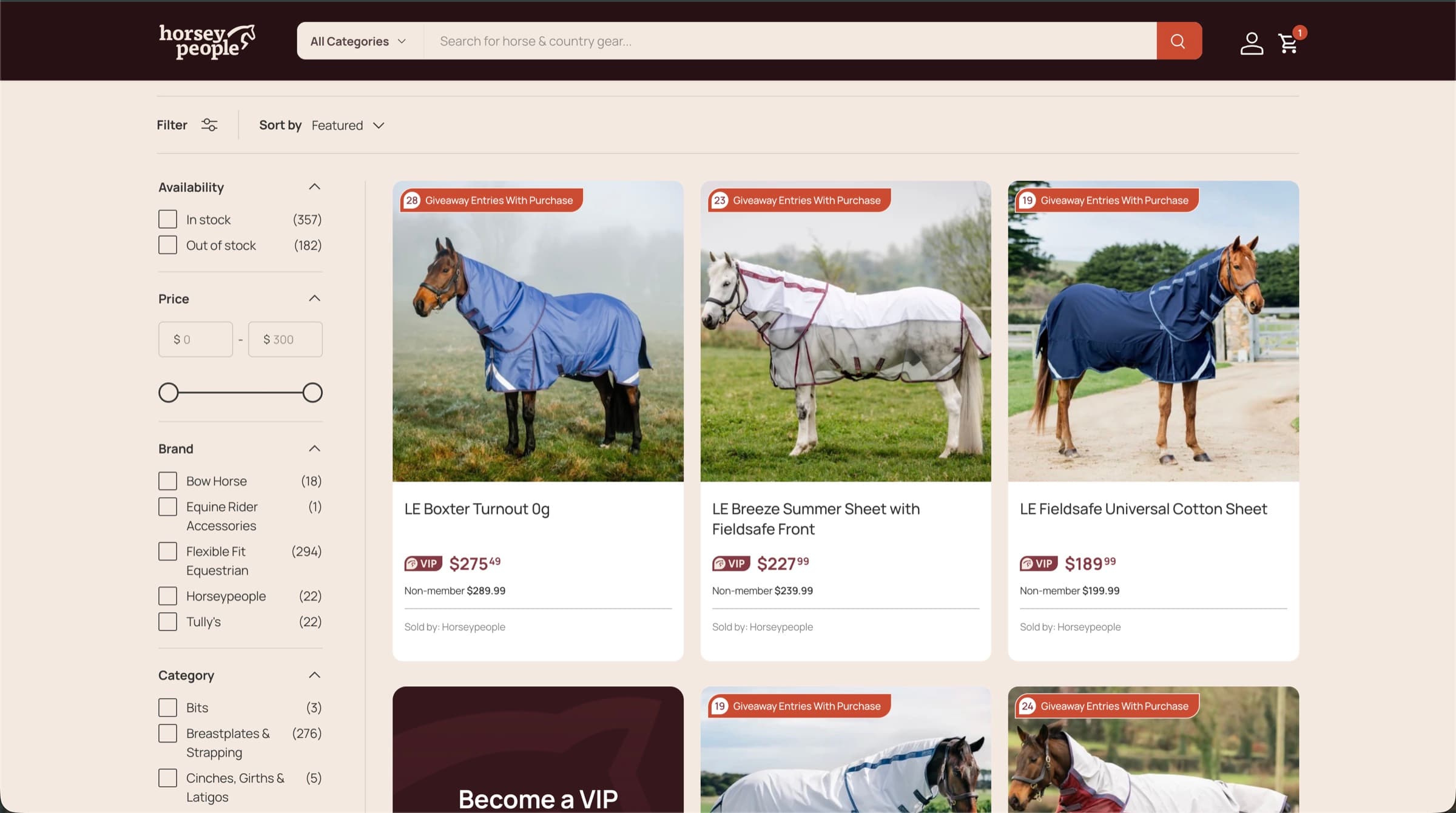 Horsey People marketplace catalogue with giveaway entry badges on every product