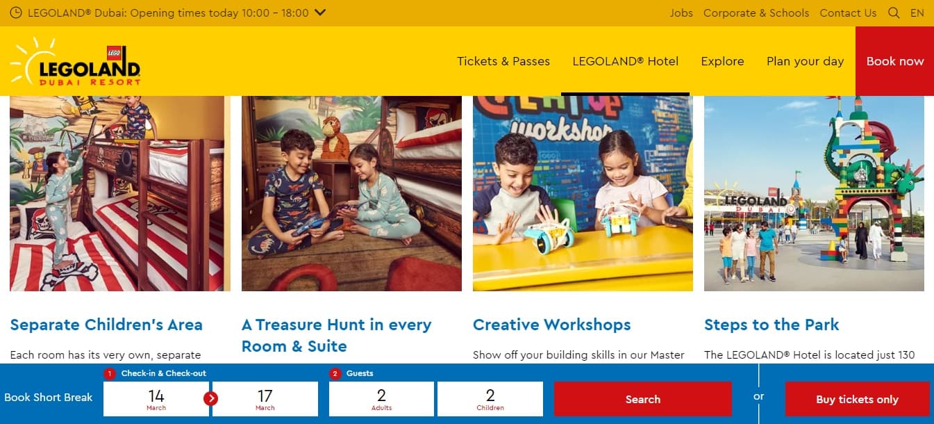 LEGOLAND Hotel page highlighting children's areas, treasure hunts, creative workshops and park access