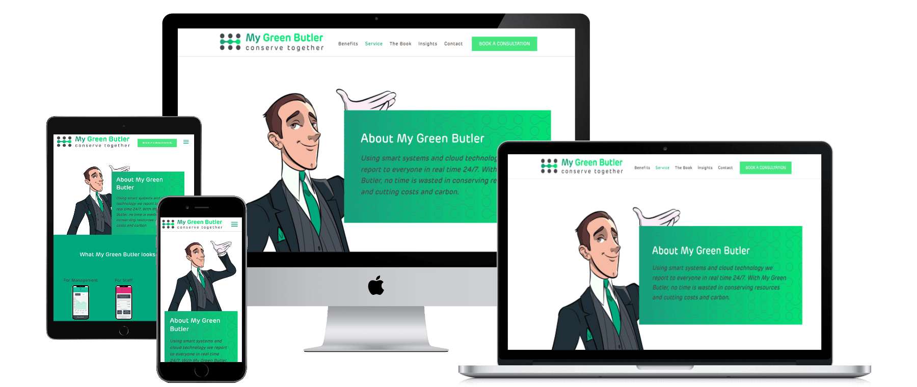 MyGreen Butler website shown on desktop, laptop, tablet and phone
