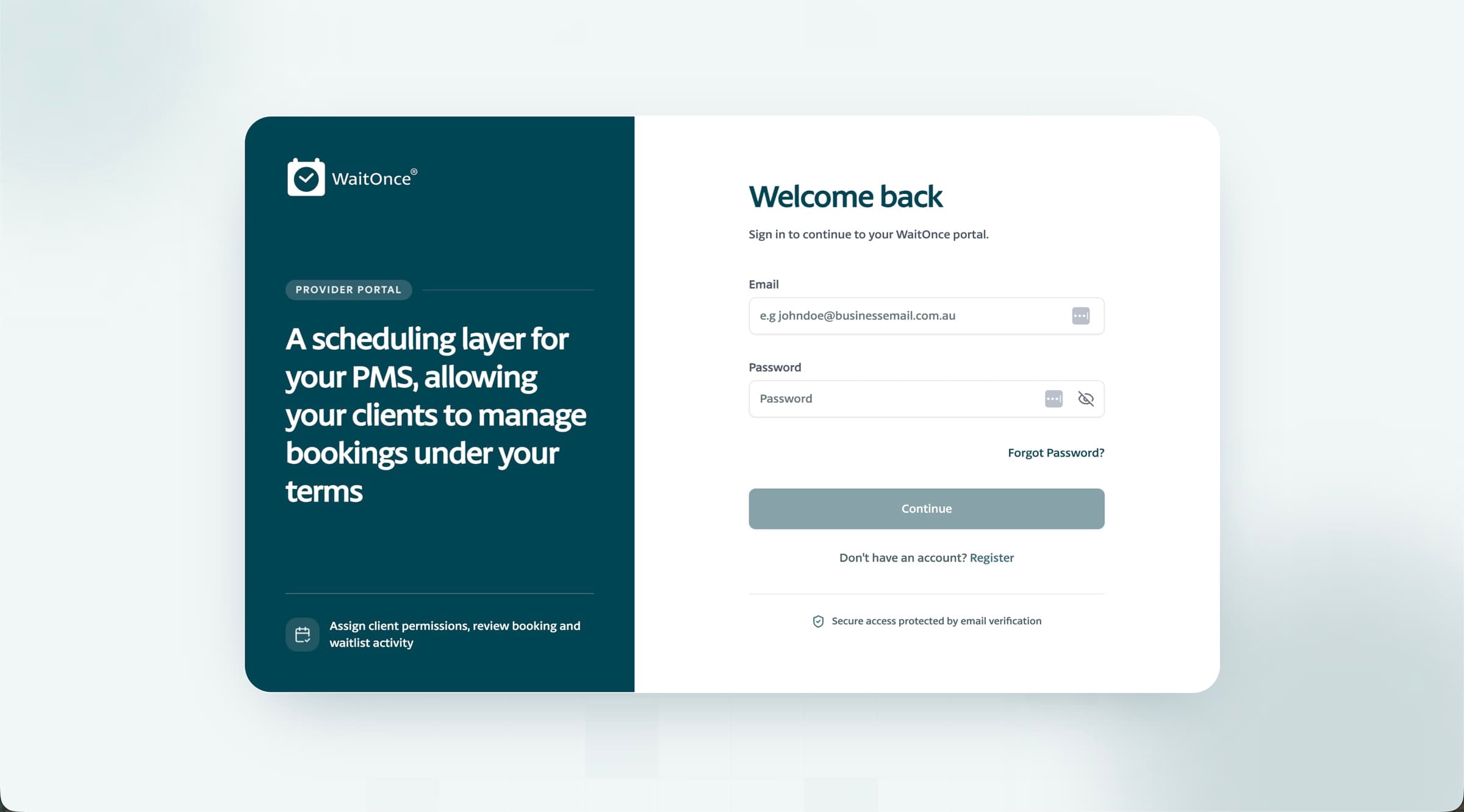 WaitOnce provider portal sign-in screen: a scheduling layer for your PMS